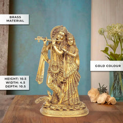 Radha Krishna brass idol with peacock detail; gold finish; height 10.5 cm view.
