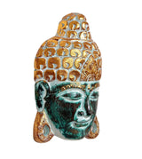 Wooden Buddha mask wall hanging, angled view showing teal face and gold side ornaments