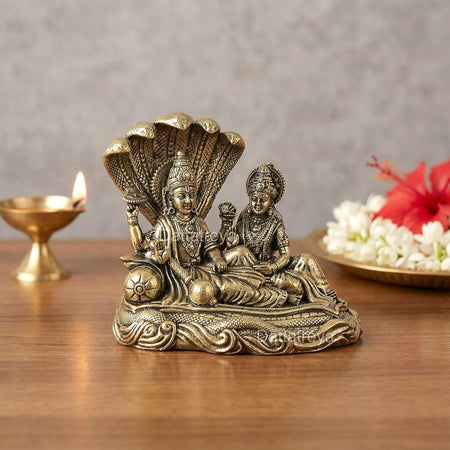 Superfine Brass Small Maa Lakshmi with Lord Vishnu On Sheshnag Idol (Height :2 Inch)