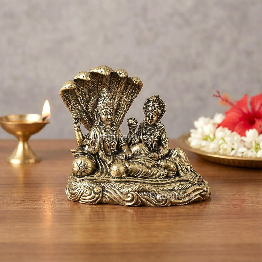 Superfine Brass Small Maa Lakshmi with Lord Vishnu On Sheshnag Idol (Height :2 Inch)