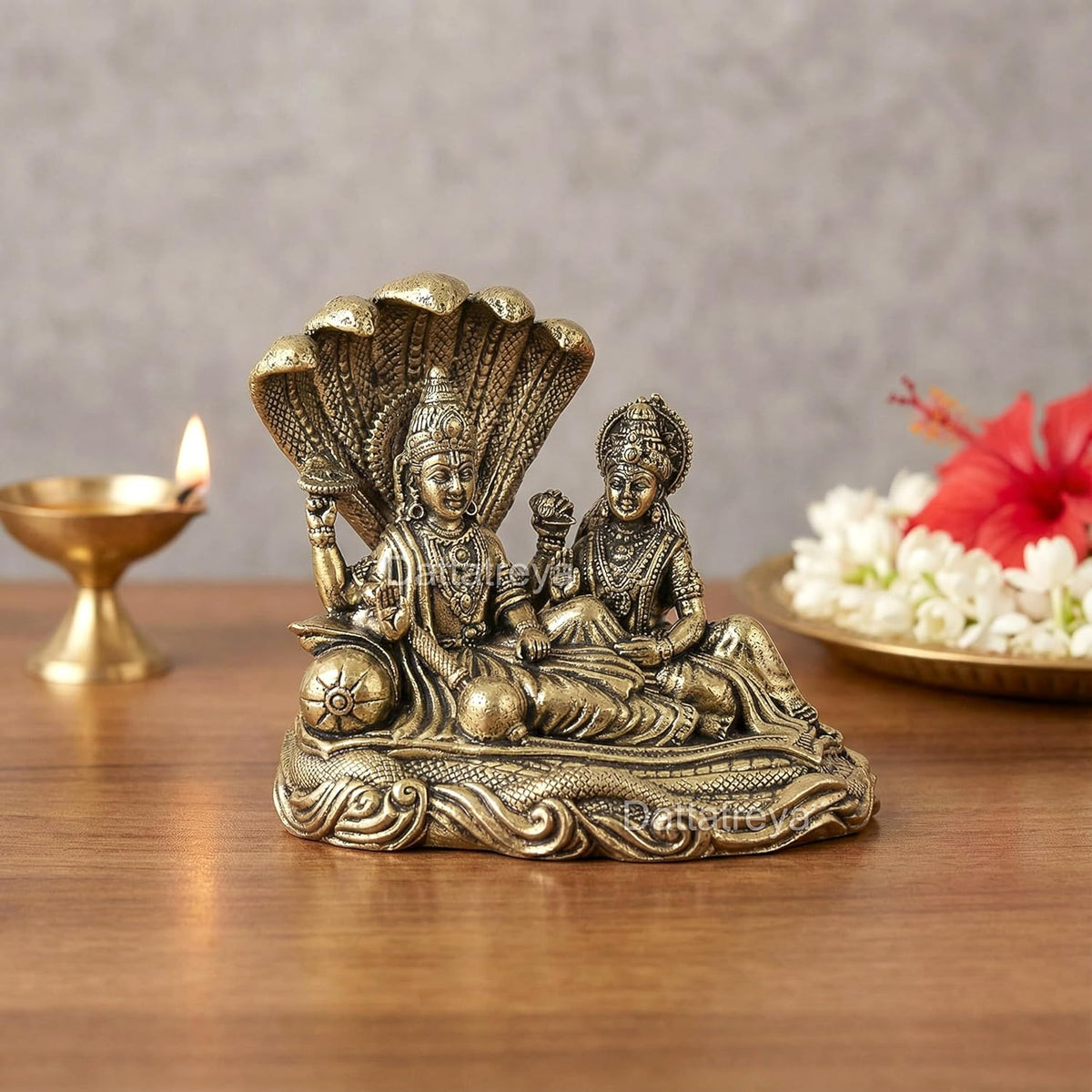 Superfine Brass Small Maa Lakshmi with Lord Vishnu On Sheshnag Idol (Height :2 Inch)