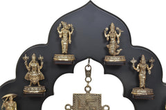 Brass Dashavatara figures on Vishnu wall hanging around swastik with hanging bell