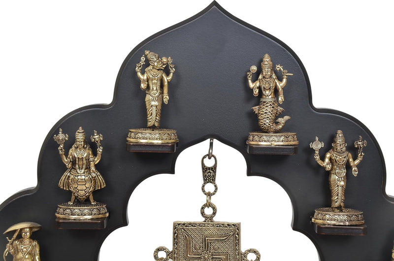 Superfine Brass Dashavatara of Vishnu Swastik with Bells and Wooden Frame Wall Hanging (Height: 14.5 Inch)