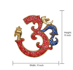 OM wall hanging sculpture size shown, red, blue and gold brass, 11 in tall