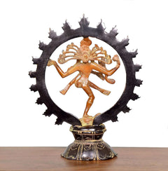 Brass Shiva Natraj Statue, tanzende Figur im großen Kreis mit dunklem Zackenrahmen, Sockel