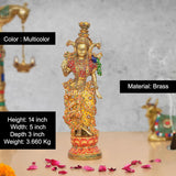Brass Radha Rani statue, multicolor meenakari work, ornate crown and jewelry.