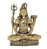 Lord Shiva brass sculpture on stone base, trident in left hand, drum in right hand