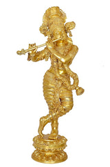 Brass Krishna flute figurine, full-body standing with detailed ornaments and base