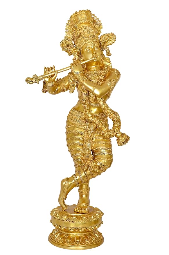 Brass Lord Krishna Idol Figurine Sculpture Playing Flute Statue Decorative Showpiece, (Height 44 Inch)