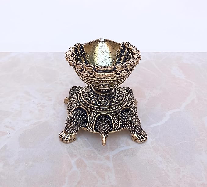 Brass Tortoise with Oil Lamp Diya Statue Pooja Mandir Home Decor Decorative & Gift Item (Height: 2 Inch)