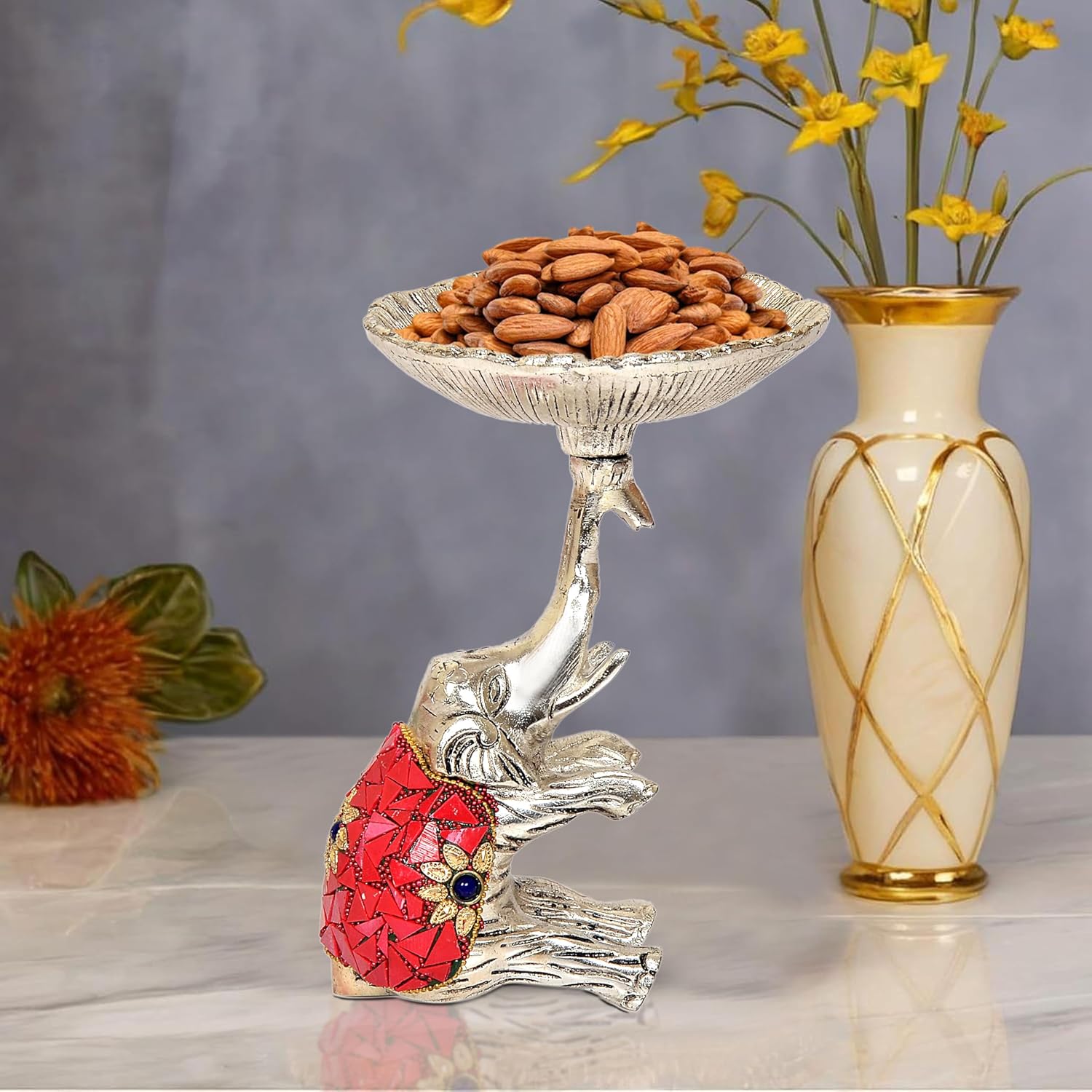 Metal Elephant Dry Fruit Bowl Showpiece Gold Polish for Home Decor Room Table & Gift Diwali,Raksha Bandhan (Height 7 Inch) (Silver Elephant Multicolor)