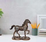 Mechanical resin horse statue, bronze-toned gears and rotating bases, 9 in tall
