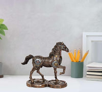 Mechanical resin horse statue, bronze-toned gears and rotating bases, 9 in tall
