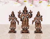 Copper Vishnu, Shridevi and Bhudevi miniature temple statues on square bases
