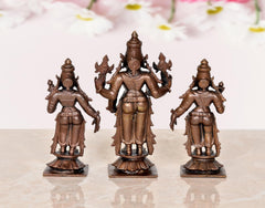 Copper Vishnu, Shridevi and Bhudevi miniature temple statues on square bases