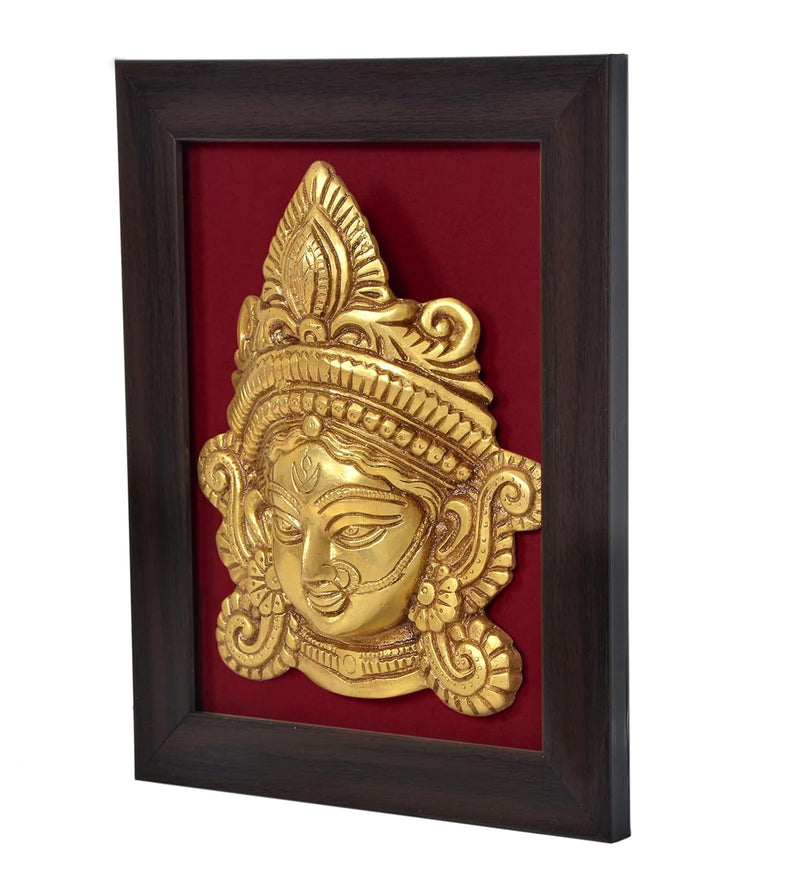 Brass Maa Durga Face Mask with Fram Idol Wall Hanging Good Luck for Temple Home Door Mandir and Office (Height 9.5 Inch)