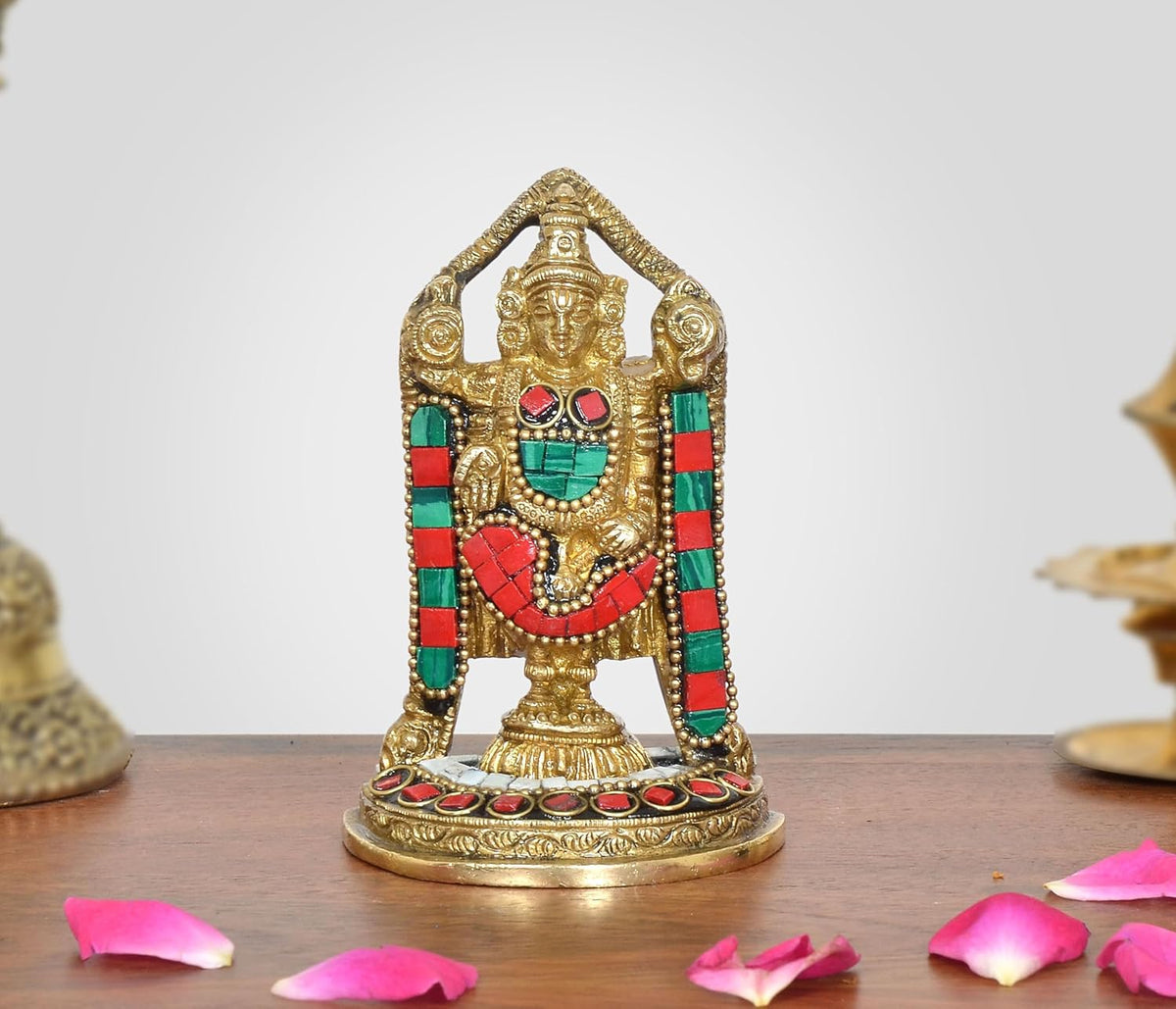 Brass Lord Tirupati Bala Ji idol with multicolour detailing, 4-inch height