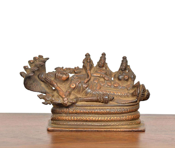 Copper Sheshashayi Vishnu with Lakshmi ji and Bhudevi Idol (Height 2.5 Inch) Entryway Setting