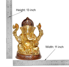 Ganesha idol size chart: 13 in height, 11 in width, seated brass sculpture