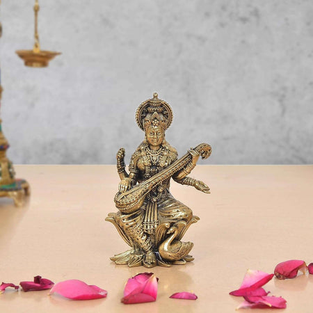 Superfine Brass Maa Saraswati Statue Suited for School Bag (Height 4 Inch)