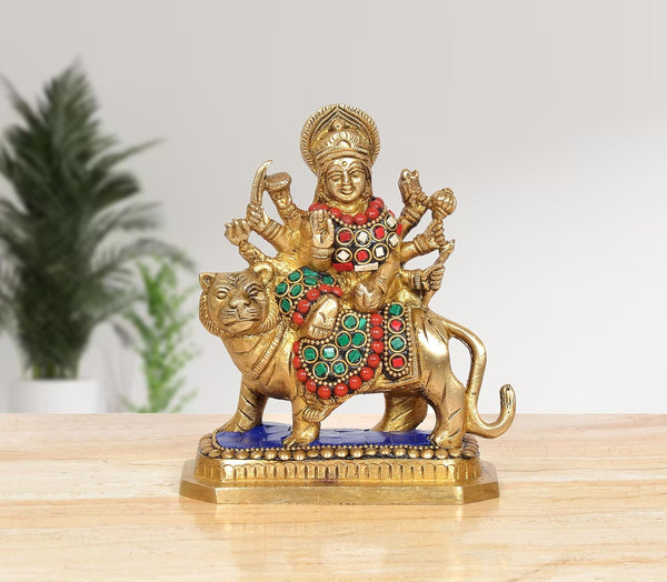 Brass Goddess Sherawali Mata Murti (Height: 6 Inch)