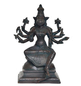 Brass Varahi Vishnu idol, seated pose with four raised arms, detailed dark bronze body