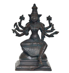 Brass Varahi Vishnu idol, seated pose with four raised arms, detailed dark bronze body