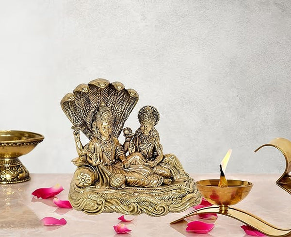Superfine Brass Maa Lakshmi with Lord Vishnu On Sheshnag Idol Statue for The Puja Temple at Home in Brass - (Height 5 Inch)
