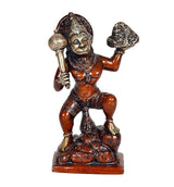 Hanuman ji brass-look statue with carved ornaments, holding mace and rock aloft