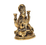 Brass Lakshmi Laxmi idol statue, profile view with four arms and lotus base