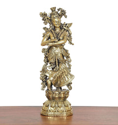 Superfine brass Radha idol, front view, ornate crown, flowing dress and decorative base