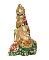 Brass Parvati bust statue profile view, green garment with floral red-and-blue work