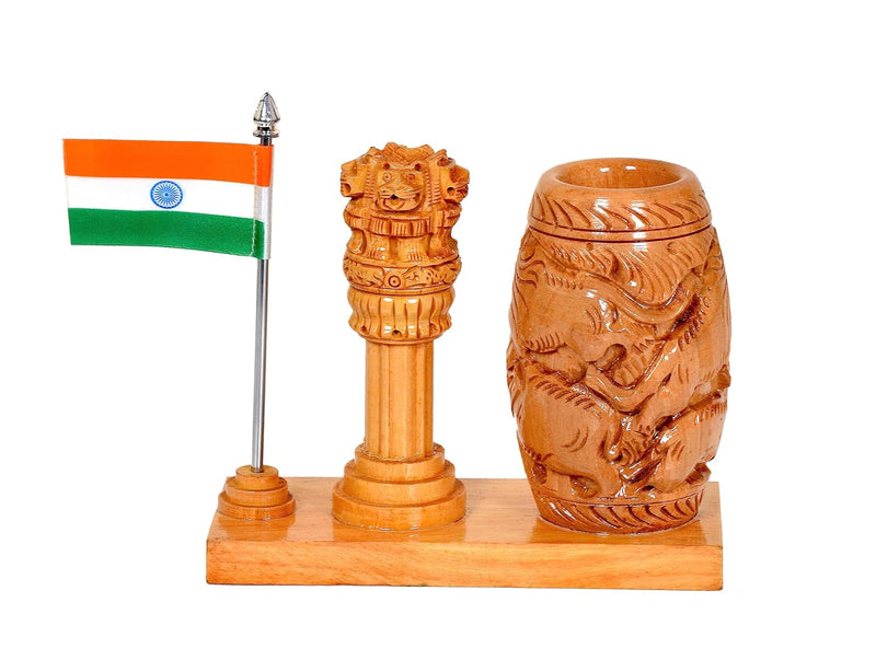 Wooden Pen Stand Stand Holder with with Ashoka Stambh and Watch | Gifting Item | Height : 4.5 inches