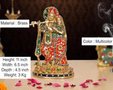 Messing-Radha-Krishna-Statue, multicolor bemalt, runder Sockel mit Perlenrand