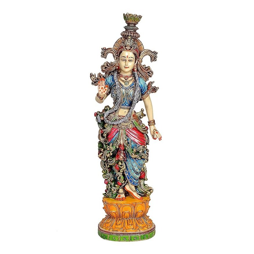 Radha Rani idol statue, 15-inch resin cold-cast marble finish, front view, raised hand