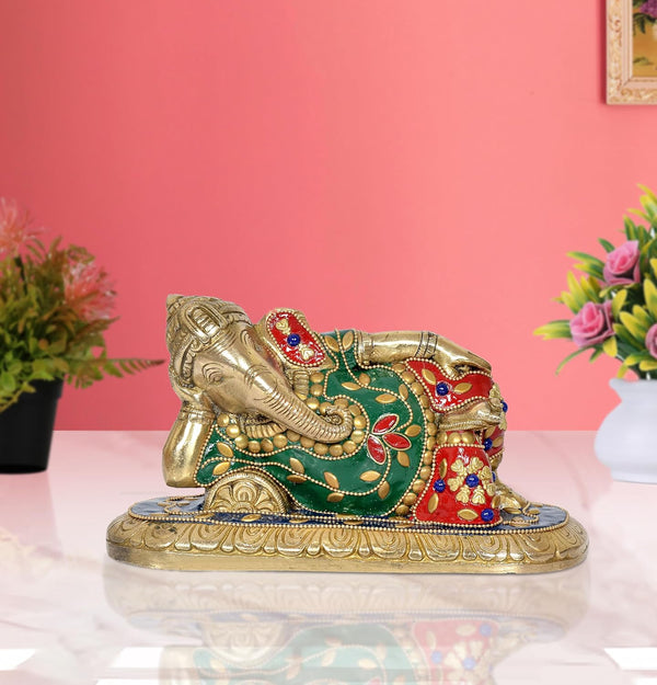 Brass Relaxing Ganesha Statue for Home Decor Mandir Pooja Showpiece Statue (Height 4 Inch)