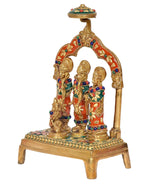 Brass Ram Darbar idol, three standing figures with arched canopy and jeweled borders