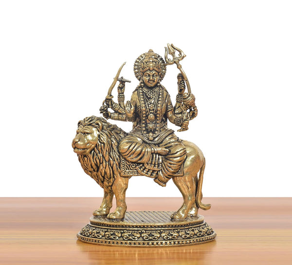 Superfine Brass Durga Maa Idol with Tiger (Height 3 Inch) Study Setting