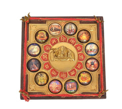 Square decorative chowki panel with golden Shiva emblem, colorful circular designs, red trim