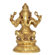 Ganesha statue in brass finish, front view with four arms and detailed crown