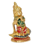 Krishna brass statue seated, three-quarter angle, jeweled green red blue garments