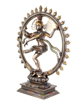 Lord Nataraj Deko-Statue, kupferfarbenes Polyresin, Vorderansicht im Rundrahmen mit Flammenkranz