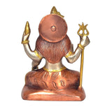 Back view of brass Shiva idol headpiece and seated base, gold trim details