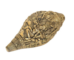 Brass shankh wall hanging, side view with Durga Ma and ornate relief patterns