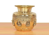 Brass pooja kalash with embossed floral rim and three deity reliefs on body