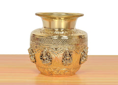 Brass pooja kalash with embossed floral rim and three deity reliefs on body