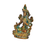 Brass Tara Devi statue, front view, seated figure with ornate crown and halo