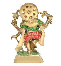 Brass Ganesha statue with ornate crown, green jewelry and red patterned skirt