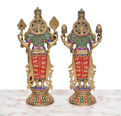 Brass Maa Lakshmi and Vishnu idols from back, ornate halo details, multicolor trims