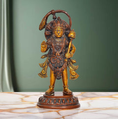 Brass Hanuman Ji standing statue, multicolor finish, raised right hand